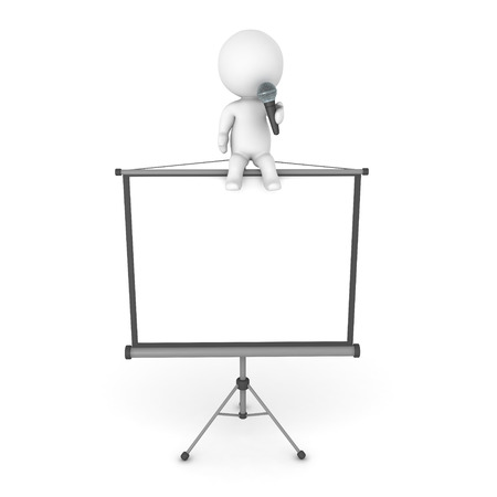 3D Character sitting on top of a white screen and talking on a microphone. Image relating to public speaking or holding a presentation.の写真素材