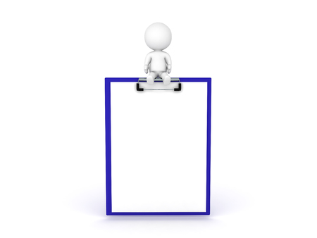 3D Character sitting on large clipboard. Isolated on white.の写真素材