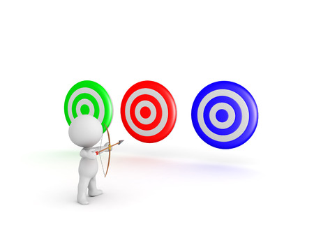  3D Character with bow and arrow aiming at multiple targets. Isolated on white.
