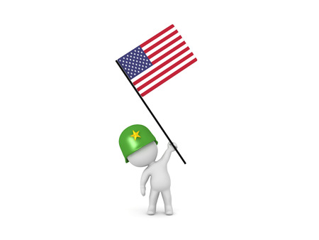 3D illustration of soldier holding the American Flag. Isolated on white.の写真素材