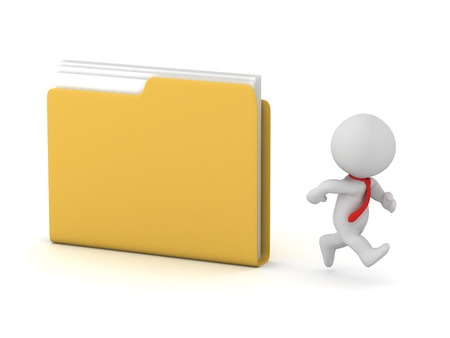 3D character wearing a tie running away from a large file folder. Isolated on white background.の写真素材