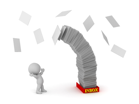 3D character with a large inbox filled with papers. Isolated on white background.の写真素材