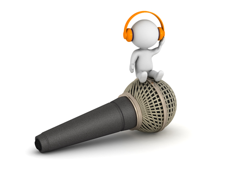 Small 3D character wearing headphones and sitting on a large microphone. Isolated on white background.の写真素材