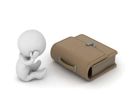 Sad 3D character with a briefcase. Isolated on white background.の写真素材