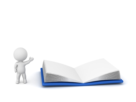 Small 3D character showing a large open book. Isolated on white background.の写真素材