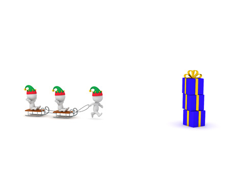 3D characters in elf hats running toward some gifts. Isolated on white background.の写真素材