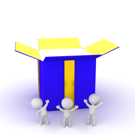Small 3D characters with a large open gift box. Isolated on white background.の写真素材