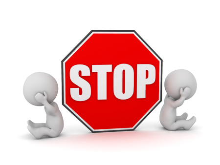 Upset 3D characters with a large stop sign. Isolated on white background.の写真素材