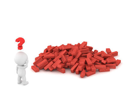 A small 3D character with a question symbol and a pile of bricks. Isolated on white background.の写真素材