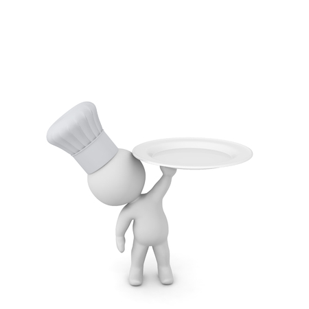 A small 3D character wearing an chefs hat is holding up a plate. Isolated on white background.の写真素材