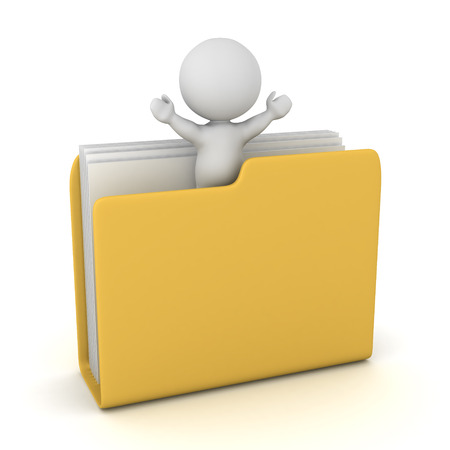 A 3D character inside a large file folder. Isolated on white background.の写真素材