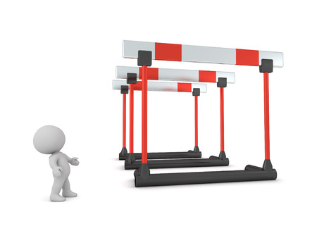 3D character looking up at large hurdles. Isolated on white background.の写真素材