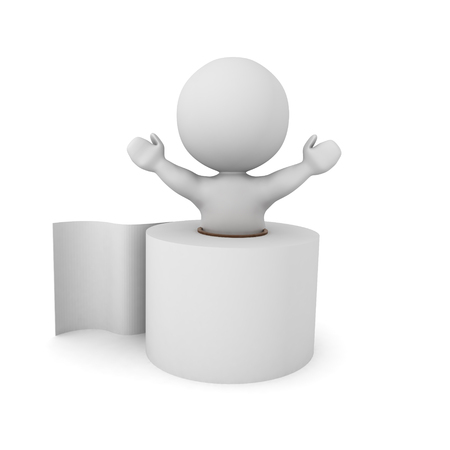 3D Character inside toilet paper roll. 3D rendering isolated on white.の写真素材