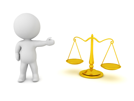 3D Character showing scales of justice. 3D Rendering isolated on white.の写真素材