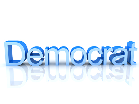 3D Rendering of blue text saying democrat. 3D Rendering isolated on white.の写真素材