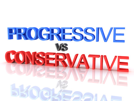 3D Rendering of Progressive vs Conservative text. 3D Rendering isolated on white.の写真素材