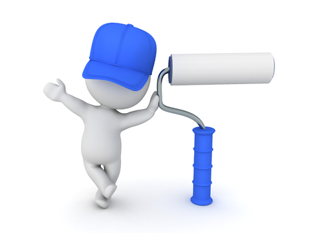 3D worker leaning on paint roller. 3D Rendering isolated on white.の写真素材