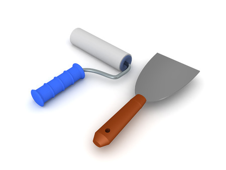 3D Rendering of paint roller and paint scraper. 3D Rendering isolated on white.の写真素材