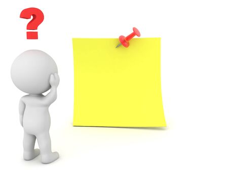 3D Character looking confused at big sticky note . 3D Rendering isolated on white.の写真素材