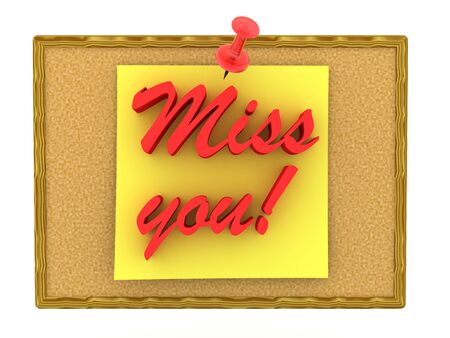 3D Rendering of yellow sticky note saying miss you. 3D Rendering isolated on white.の写真素材