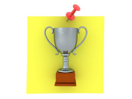 3D Rendering of silver trophy on yellow sticky note. 3D Rendering isolated on white.の写真素材