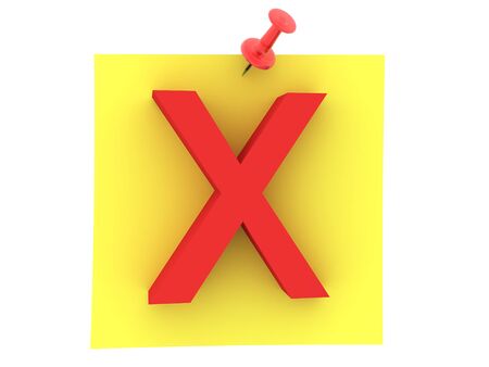 3D Rendering of yellow sticky note with red x sign on it. 3D Rendering isolated on white.の写真素材