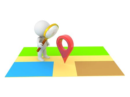 3D Character searching for location on map. Searching for location concept. 3D Rendering isolated on white.の写真素材