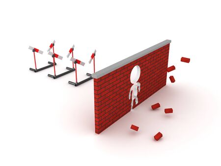 3D Rendering of three broken hurdles and smashed brick wall. Overcoming limitations concept.の写真素材