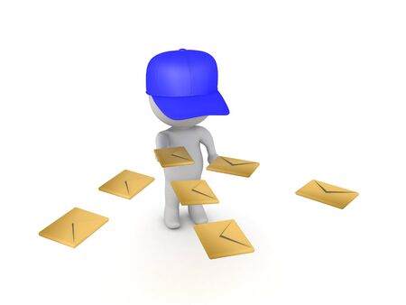 3D Mailman delivering letters in three directions. 3D Rendering isolated on white.の写真素材