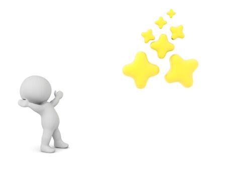 3D Character is happy looking at shiny yellow stars. 3D Rendering isolated on white.