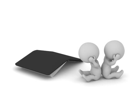 Two upset 3D characters sitting down next to a large book. Isolated on white background.の写真素材