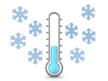 3D Thermometer showing freezing temperature. 3D Rendering isolated on white.