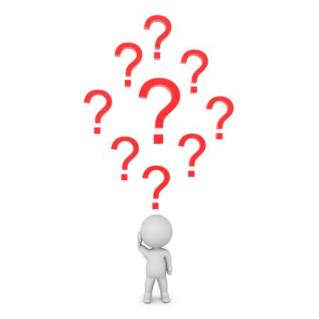 3D Character with many question marks above him. 3D Rendering Isolated on white.の写真素材