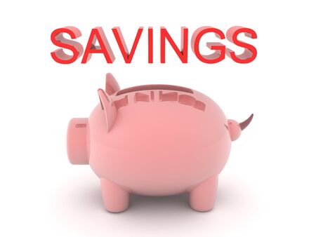 3D Piggy bank with red text above saying savings. 3D Rendering Isolated on white.の写真素材