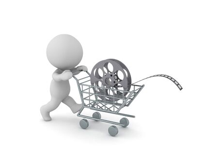 3D Character buying film reel. 3D Rendering isolated on white.の写真素材