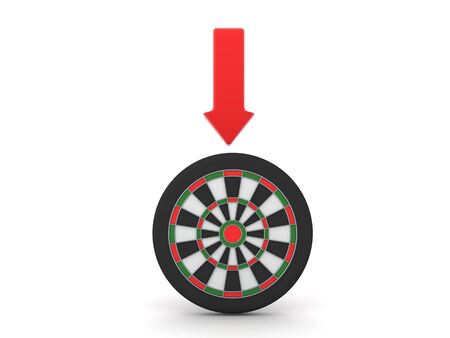 3D Rendering of darts target with red arrow above it. 3D Rendering isolated on white.の写真素材