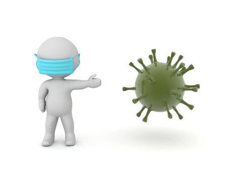 3D Character wearing mask next to virus germ bacteria. 3D Rendering isolated on white.の写真素材