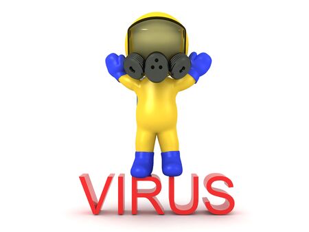 3D Character wearing hazmat standing on top of virus text. 3D Rendering isolated on white.の写真素材