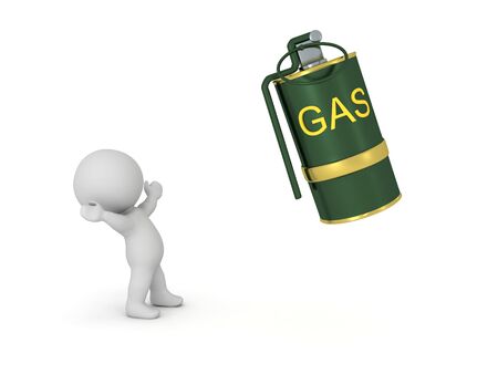 3D Character looking up excited at gas grenade. 3D Rendering isolated on white.の写真素材