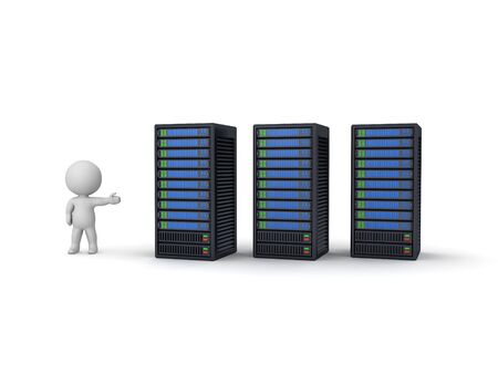 3D Character showing three server racks. 3D Rendering isolated on white.の写真素材