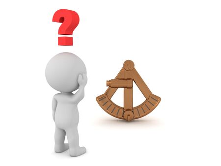 3D Character looking at sextant. 3D Rendering isolated on white.の写真素材