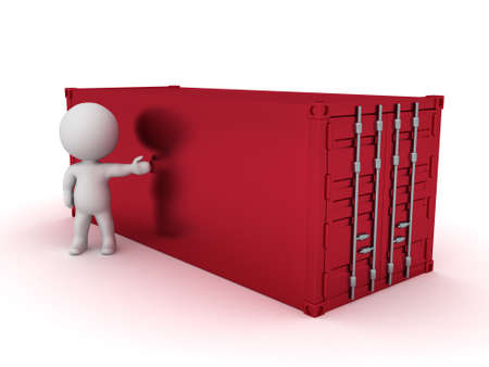 3D Character showing cargo container. 3D Rendering isolated on white.