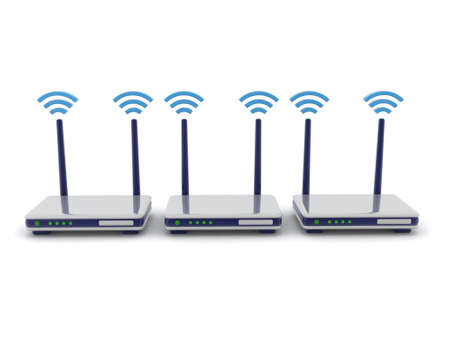 3D Rendering of three routers. 3D Rendering isolated on white.