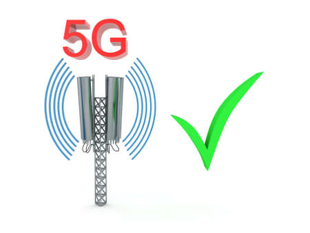 3D 5G Tower with green checkmark next to it. 3D Rendering isolated on white.
