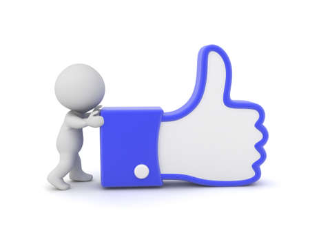 3D Character pushing like button. 3D Rendering isolated on white.