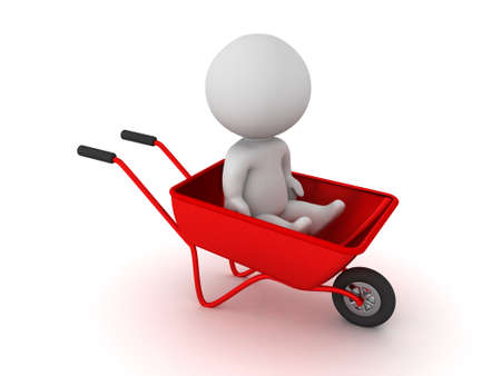 3D Character sitting in wheelbarrow. 3D Rendering isolated on white.の写真素材