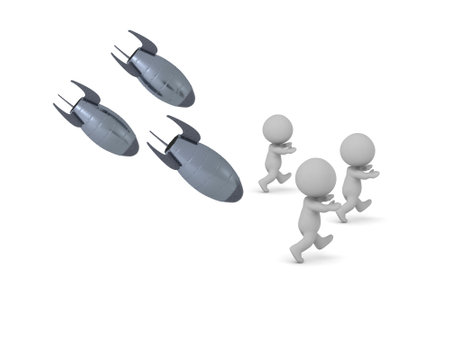 Some 3D guys are running away from three bombs. Image isolated on white background.