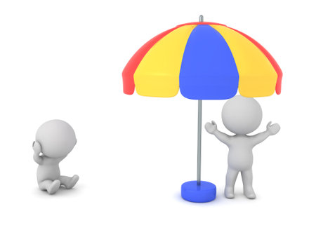Happy 3D Character under umbrella and sad one next. 3D Rendering isolated on white.