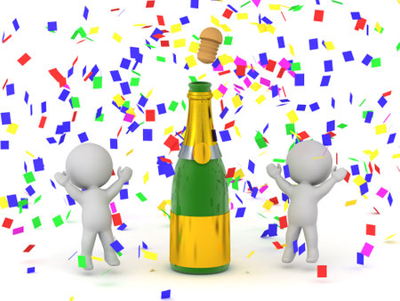 Happy 3D Characters with a Large Champagne Bottle and Confetti. Isolated on white background.の写真素材