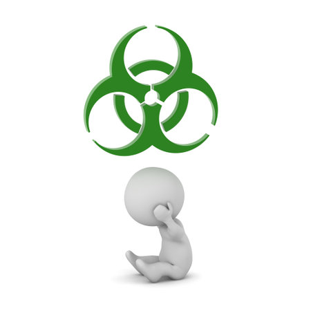Upset 3D Character with a Biohazard Symbol. Isolated on white background.の写真素材